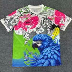 Bright tropical T-shirt featuring a large blue macaw graphic and bold pink, green, and white patterns with a Brazil crest and Nike logo on the chest area.