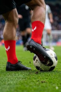 5967537890642300091 | UAE SPORT STORE Close-up of a soccer player's leg with bright red socks and black cleats trapping a white soccer ball on green turf.