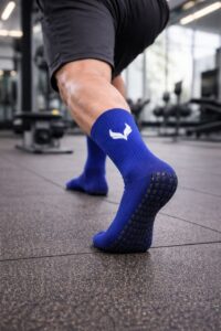 5967537890642300094 | UAE SPORT STORE Close-up of a person in blue grip socks balancing on gym floor, lifting one heel to show the textured sole grip.