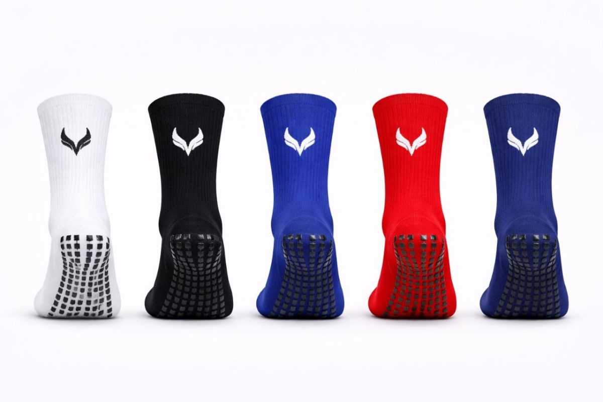 White, black, royal blue, red and navy crew socks, sole overview