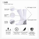 5967537890642300100 | UAE SPORT STORE Sock product infographic showing cuff height 12 cm and sole length 23 cm with features: elastic socks, breathable mesh, anti-slip grip dots.