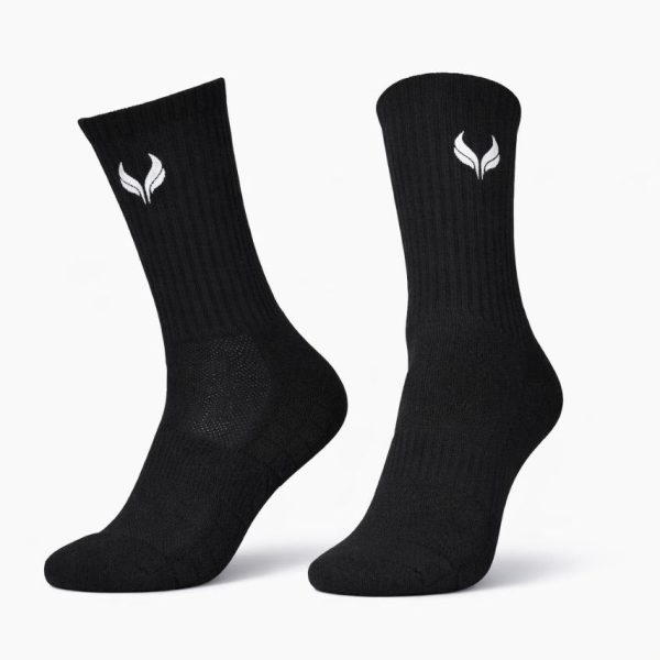 Pair of black crew socks with a white brand logo near the top, displayed on a white background.
