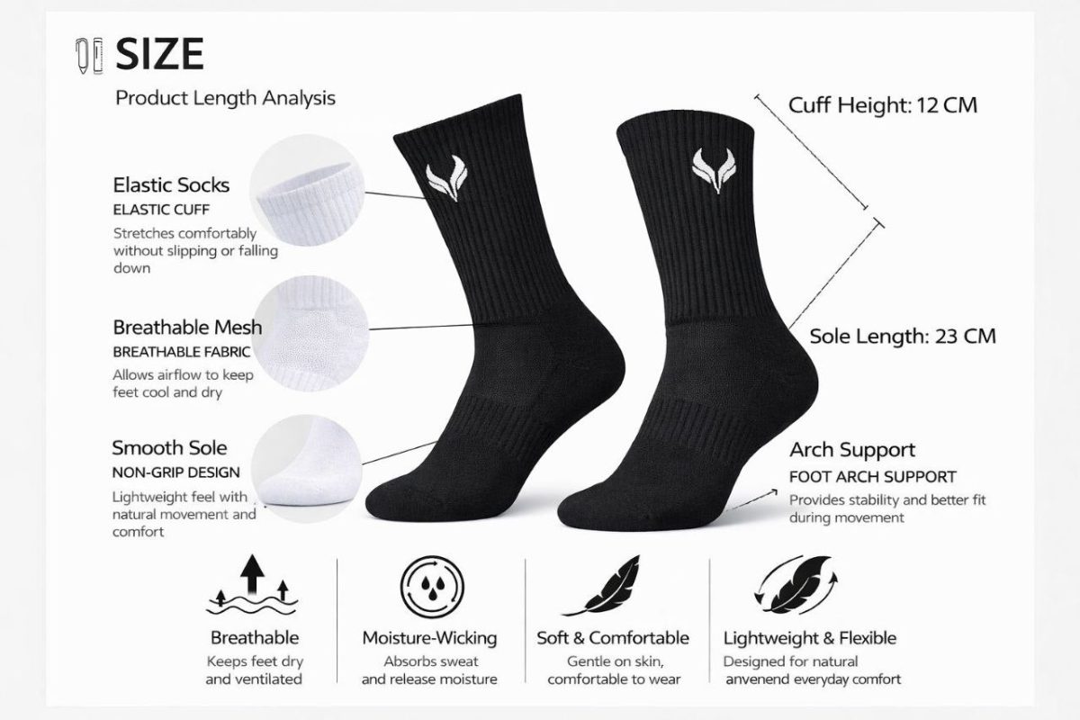 Infographic about sock features showing two black socks with arrows labeling cuff height 12 cm and sole length 23 cm, plus notes on elastic cuffs, breathable mesh, and smooth sole, with benefit icons below (breathable, moisture‑wicking, soft and comfortable, lightweight and flexible).