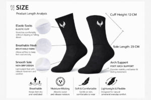 5969789690455985455 | UAE SPORT STORE Infographic about sock features showing two black socks with arrows labeling cuff height 12 cm and sole length 23 cm, plus notes on elastic cuffs, breathable mesh, and smooth sole, with benefit icons below (breathable, moisture‑wicking, soft and comfortable, lightweight and flexible).