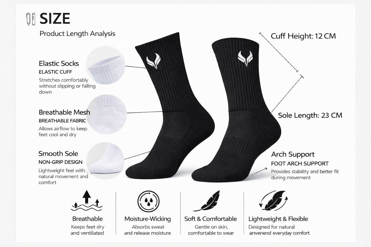 5969789690455985455 | UAE SPORT STORE Infographic about sock features showing two black socks with arrows labeling cuff height 12 cm and sole length 23 cm, plus notes on elastic cuffs, breathable mesh, and smooth sole, with benefit icons below (breathable, moisture‑wicking, soft and comfortable, lightweight and flexible).