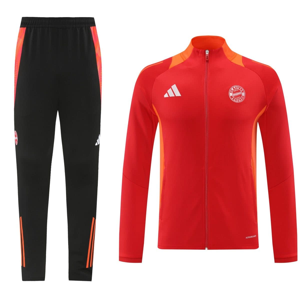 Side-by-side view of black athletic pants with orange stripe accents and a red athletic jacket with orange detailing, featuring team badge and Adidas logo on the chest.