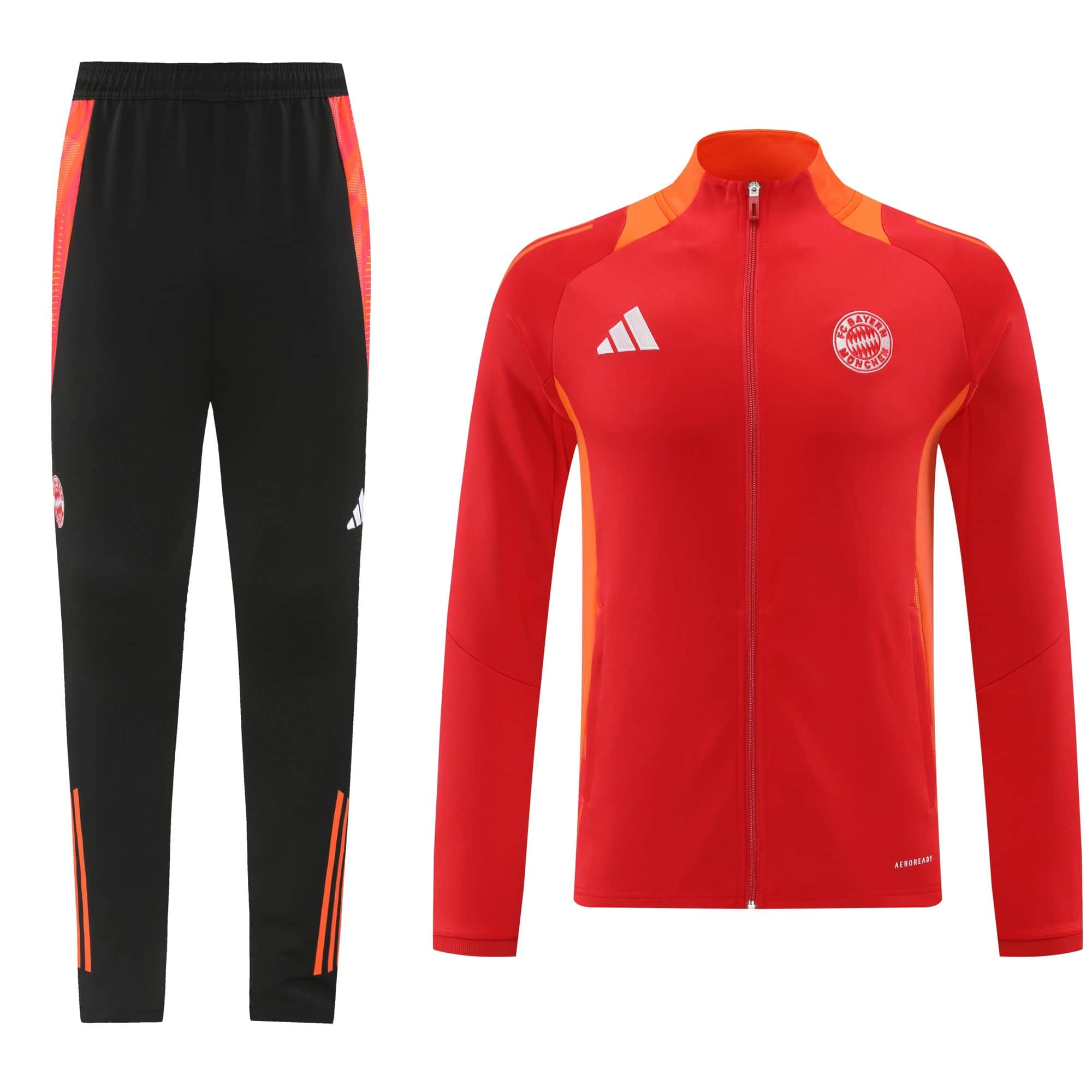 59b035e2 | UAE SPORT STORE Side-by-side view of black athletic pants with orange stripe accents and a red athletic jacket with orange detailing, featuring team badge and Adidas logo on the chest.