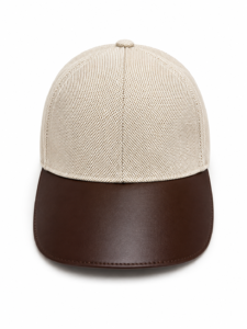 Beige mesh cap with a brown leather bill/brim.
