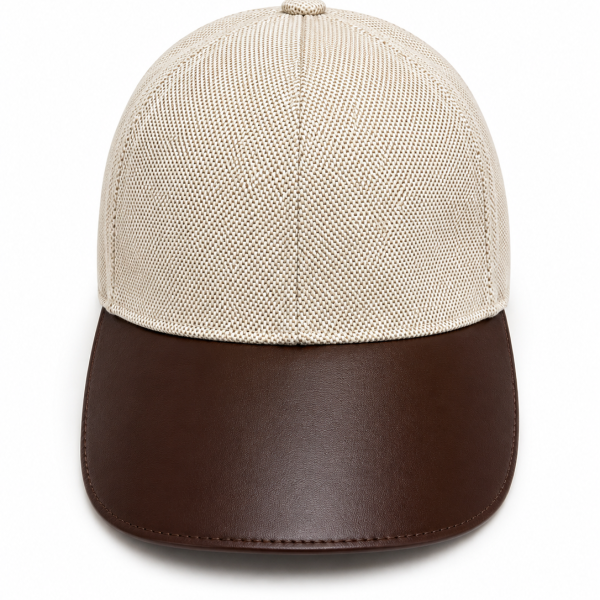 Beige mesh cap with a brown leather bill/brim.