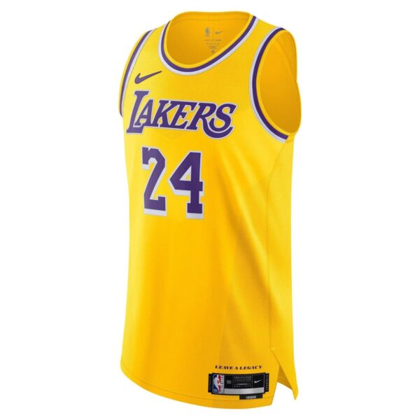 Yellow Los Angeles Lakers basketball jersey with purple 'LAKERS' lettering and number 24 on the front, sleeveless.