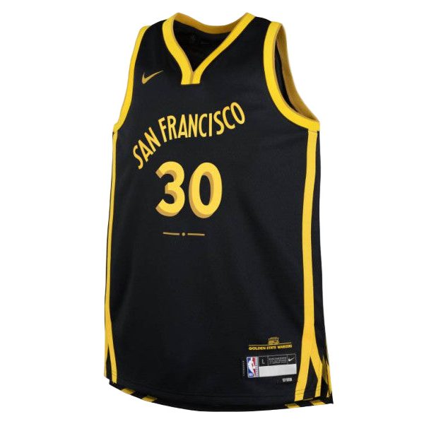 Black San Francisco basketball jersey with gold trim and the number 30 in gold, Nike logo on the chest (informative image).