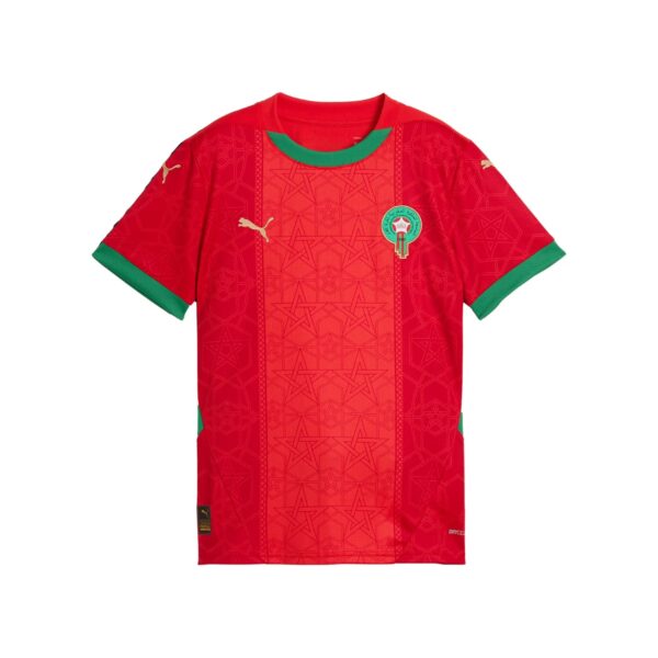 Morocco national team red home jersey with green collar and cuffs, gold Puma logo, and team crest on the chest.