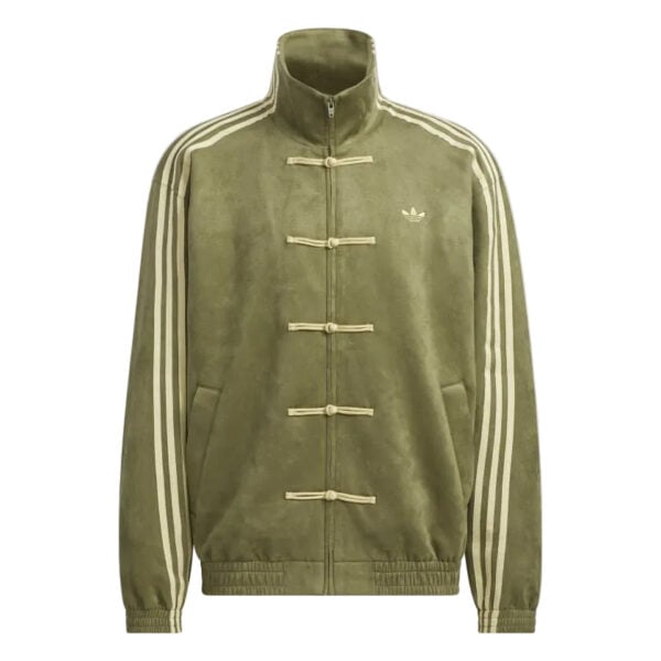 Olive green velour jacket with frog closures, white stripes along the sleeves, and Adidas trefoil logo on the chest.