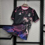 Black Real Madrid jersey with pink lightning pattern and a fierce panther graphic on the front, hanging on a hanger against a mesh backdrop.