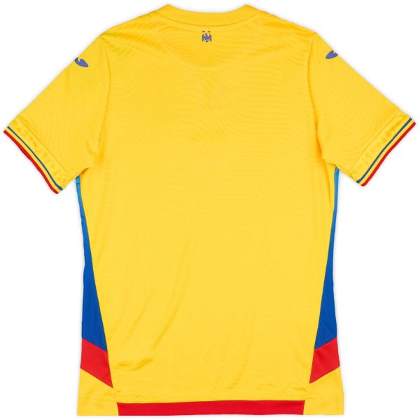 Back view of a bright yellow short-sleeve sports jersey with blue side panels and red trim at the hem.