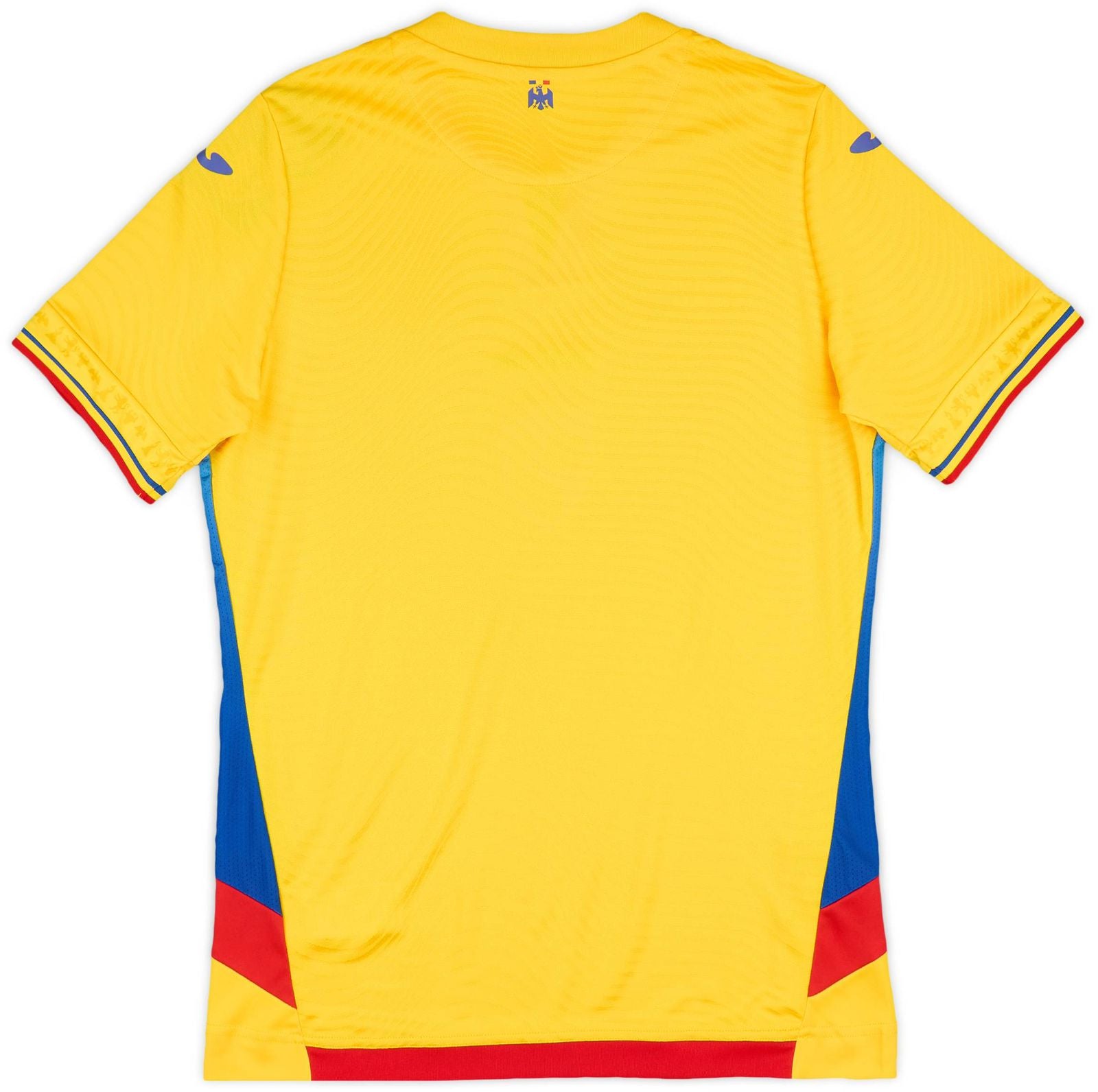 5a92e25b-a3e2-4408-8d64-011e1dd15bb9 | UAE SPORT STORE Back view of a bright yellow short-sleeve sports jersey with blue side panels and red trim at the hem.