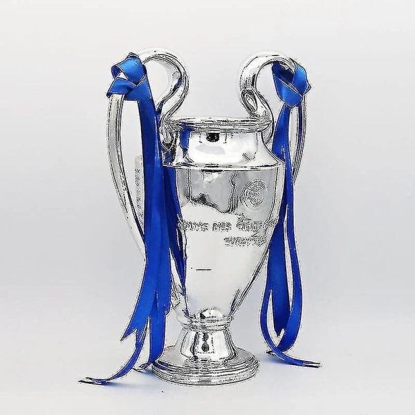 Silver trophy with blue ribbons draped over its handles, standing on a pedestal, symbolizing victory or achievement.