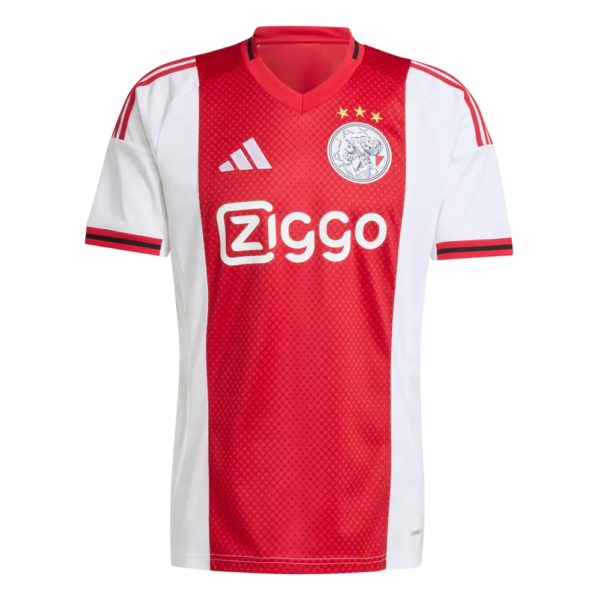 Ajax football shirt: red center panel with white sides, Ziggo sponsor, three gold stars above crest, Adidas logo.