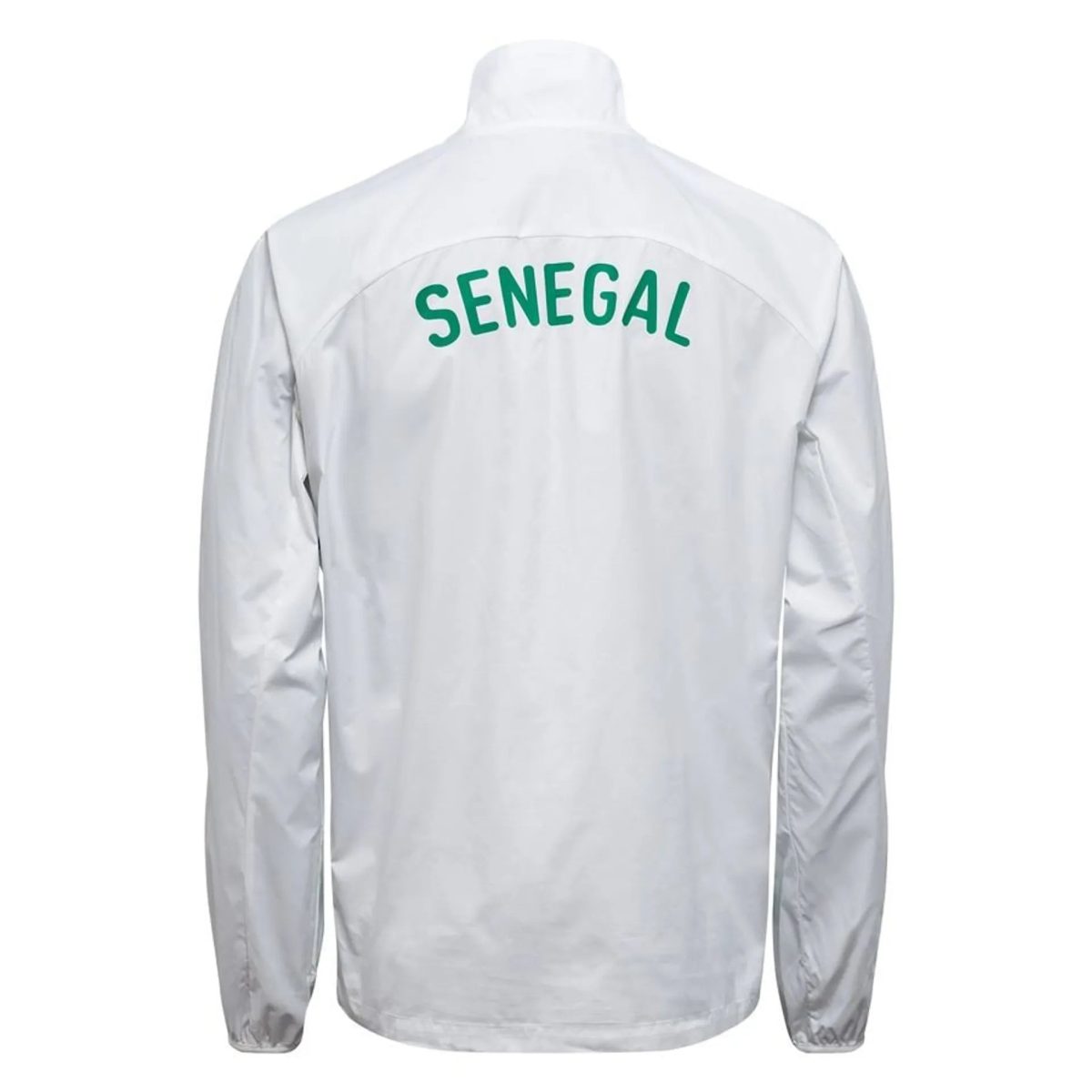 Back view of a white jacket with green curved text 'SENEGAL' across the upper back. Readable on a clean white garment.
