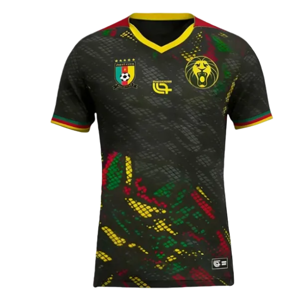 Black football jersey with a yellow-trim V-neck and multicolor abstract pattern, featuring a Cameroon-style crest and a yellow lion badge on the chest.