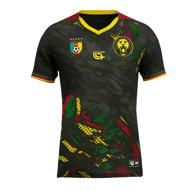 5d022dbf-763a-438b-8722-b23ac0658cb2 Black football jersey with a yellow-trim V-neck and multicolor abstract pattern, featuring a Cameroon-style crest and a yellow lion badge on the chest.