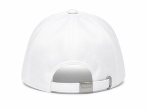 5d2fbe23-8feb-4b11-860f-cd99e47932c0 | UAE SPORT STORE White baseball cap viewed from the back with an adjustable strap and metal clasp, showcasing the Prada logo on the clasp.