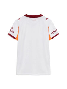 Back view of a white jersey with maroon collar and orange side panels; sleeve logos visible and a small '23:19:32' time code near the neck.