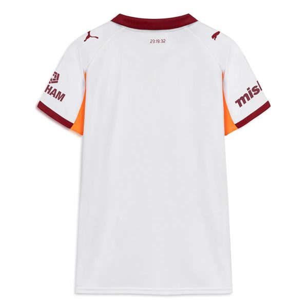 Back view of a white jersey with maroon collar and orange side panels; sleeve logos visible and a small '23:19:32' time code near the neck.