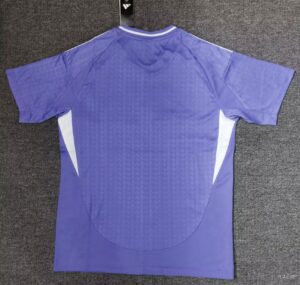 Purple athletic jersey hanging on a display hook with white side panels visible against a dark carpeted background, showing the back side and collar details.