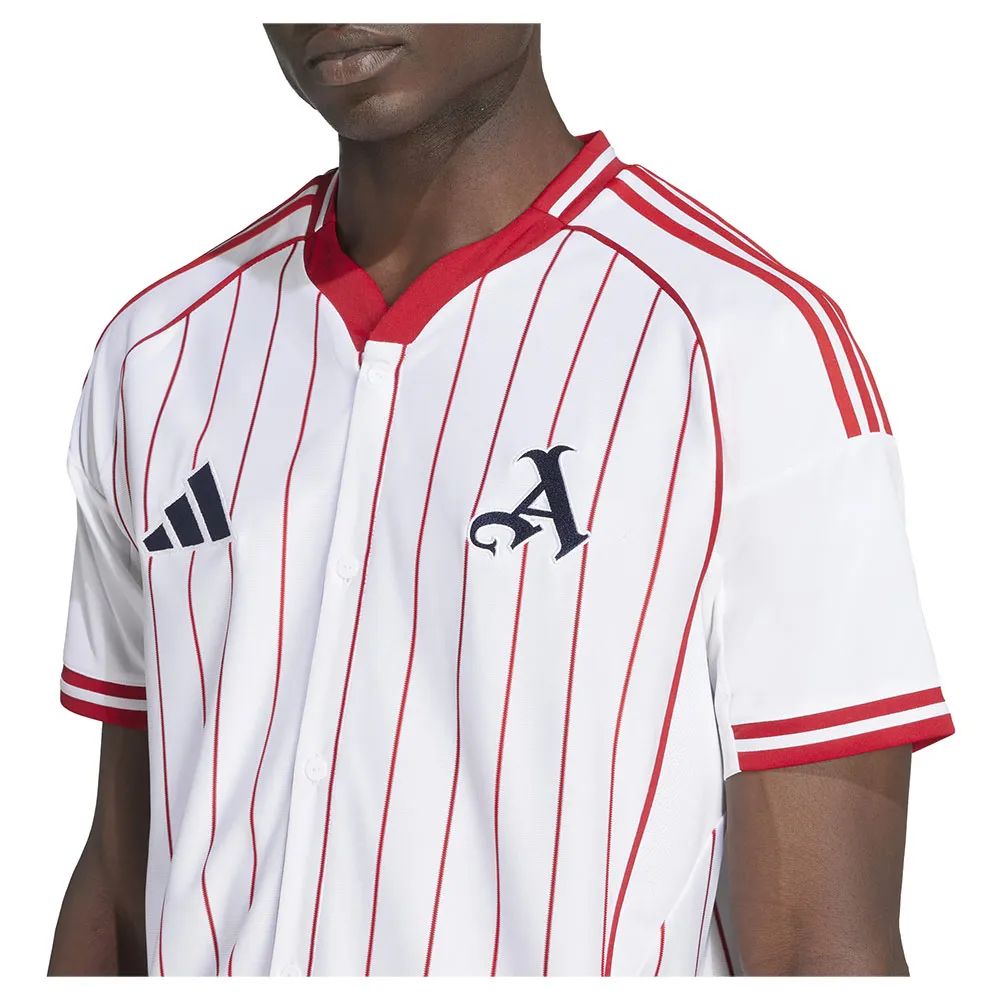 5da3628c-c8be-40ad-8b40-4702cada4f8c | UAE SPORT STORE White baseball jersey with red vertical pinstripes, red collar, and Adidas logo on the left chest. A navy A emblem appears on the right chest.
