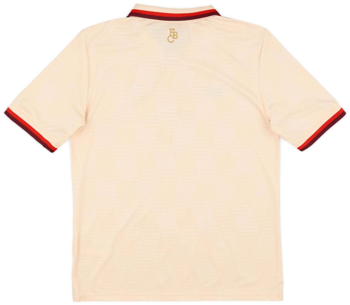 Back view of a beige polo shirt with red and burgundy striped collar and sleeve cuffs; small gold logo near the neck area.
