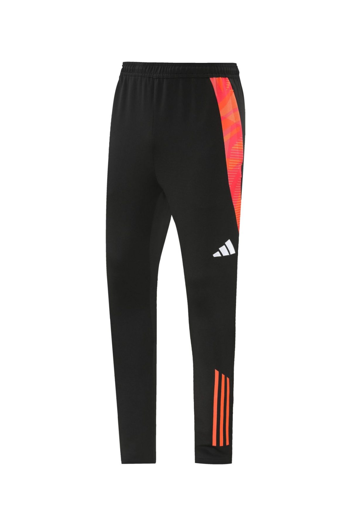 Black athletic joggers with a bright orange geometric side panel and three orange/white stripes at the leg bottom, designed for running or training.