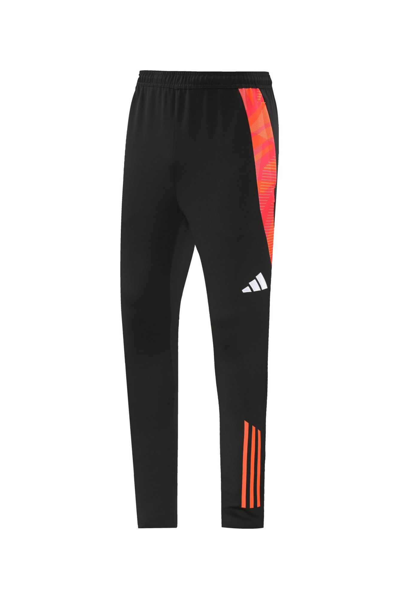 5e3b4e11 | UAE SPORT STORE Black athletic joggers with a bright orange geometric side panel and three orange/white stripes at the leg bottom, designed for running or training.