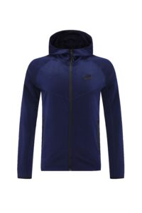 Navy blue Nike zip-up hoodie with a front zipper, drawstringless hood, and a small Nike swoosh on the left chest.