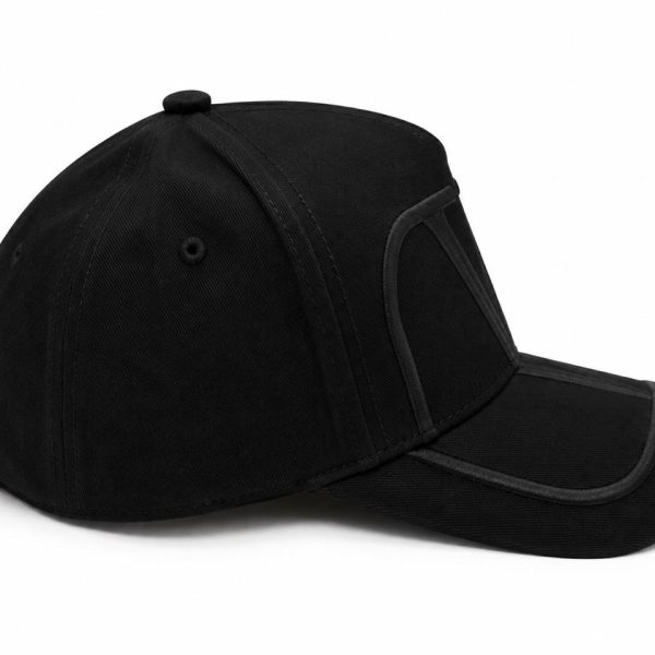 Black baseball cap with curved brim and adjustable strap at back