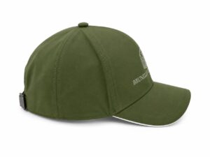 Green baseball cap with a curved brim and back strap; white embroidered logo on the side.