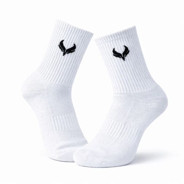 Pair of white athletic crew socks with a small black logo near the top, displayed against a white background.