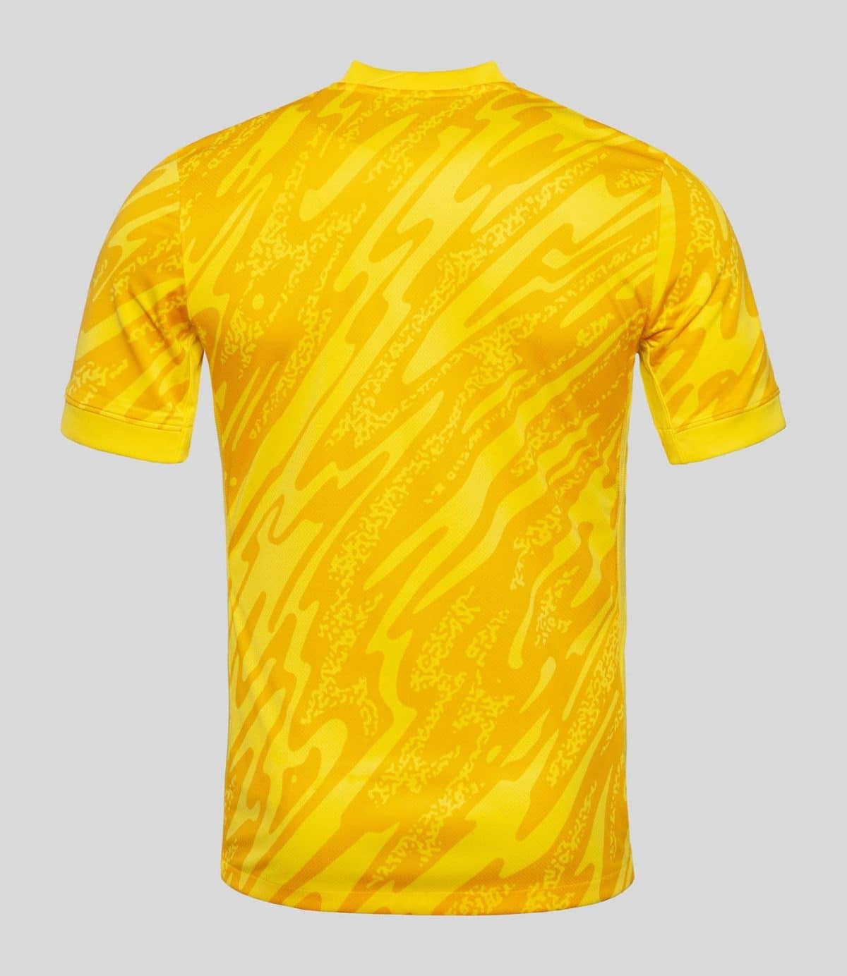 Back view of a bright yellow short-sleeve T-shirt with an abstract yellow-on-yellow pattern and rolled sleeve cuffs.