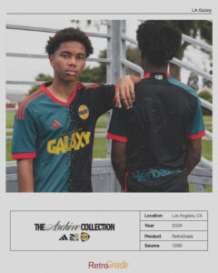 5lwZh3HvDpI4HCP | UAE SPORT STORE Two young men in Los Angeles Galaxy jerseys pose on a metal bleacher; one faces the camera while the other shows his back, within an archival catalog layout.