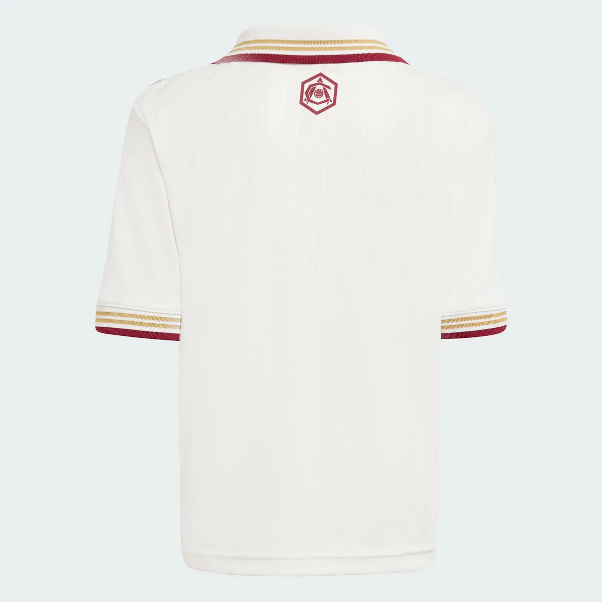 5u | UAE SPORT STORE White polo shirt viewed from the back with striped maroon and gold collar and cuffs; small geometric maroon logo on the upper back.