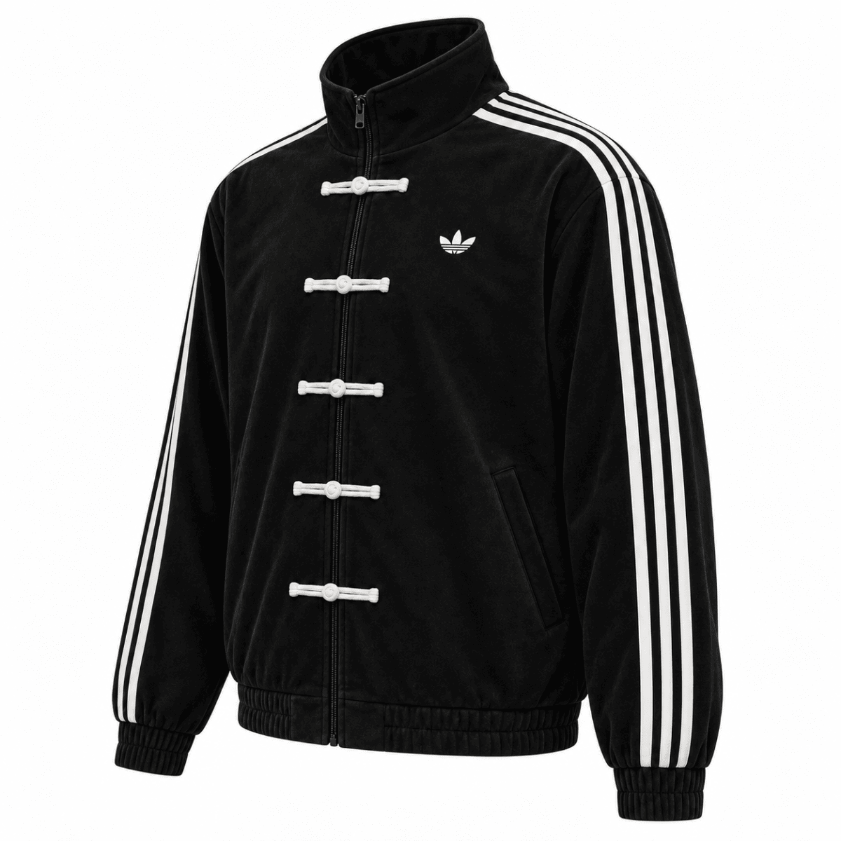 Black Adidas casual jacket with white stripes and toggle buttons, unisex style.