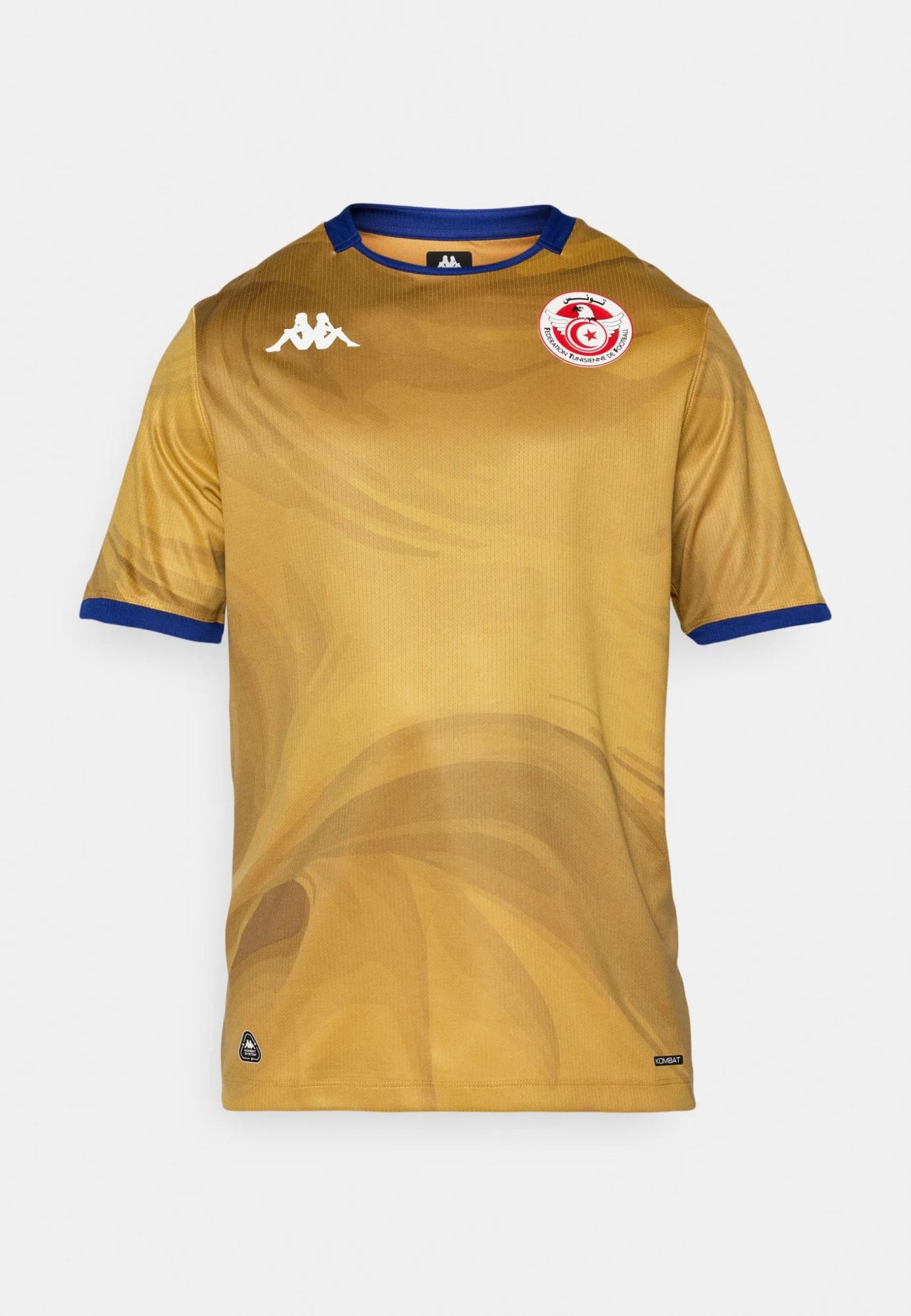 60028327388b4077b0fd1e4287610509 | UAE SPORT STORE Gold soccer jersey with blue trim on collar and sleeves, featuring a white Kappa logo on the left chest and the Tunisian Football Federation crest on the right.