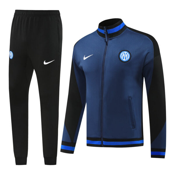 Inter Milan blue and black training tracksuit with jacket and pants, featuring Nike swoosh and club crest on the chest and pants
