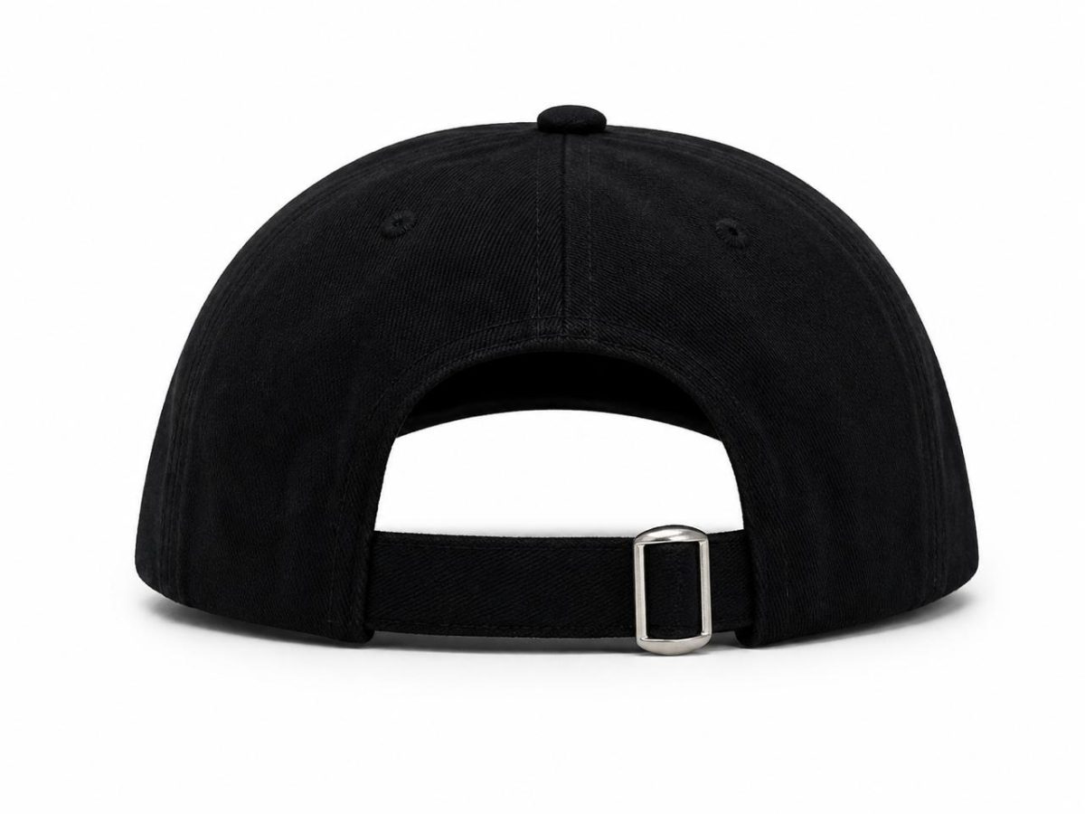 Black baseball cap shown from the back, featuring an adjustable strap with a silver buckle.