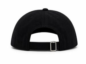 Black baseball cap shown from the back, featuring an adjustable strap with a silver buckle.