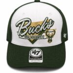 Green and white baseball cap featuring Milwaukee Bucks embroidery and the team logo on the front; adjustable strap on the back.