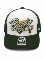 Green and white baseball cap featuring Milwaukee Bucks embroidery and the team logo on the front; adjustable strap on the back.