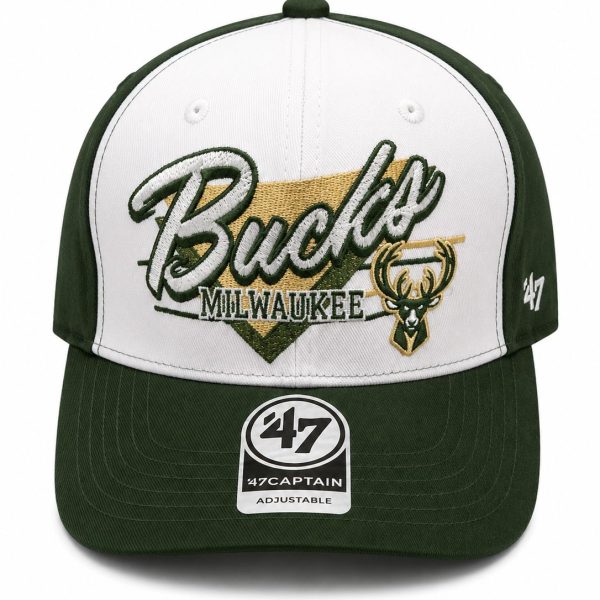 Green and white baseball cap featuring Milwaukee Bucks embroidery and the team logo on the front; adjustable strap on the back.