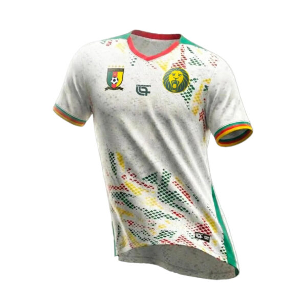 White Cameroon national team soccer jersey with red collar and multicolor pattern accents and crest on the chest.