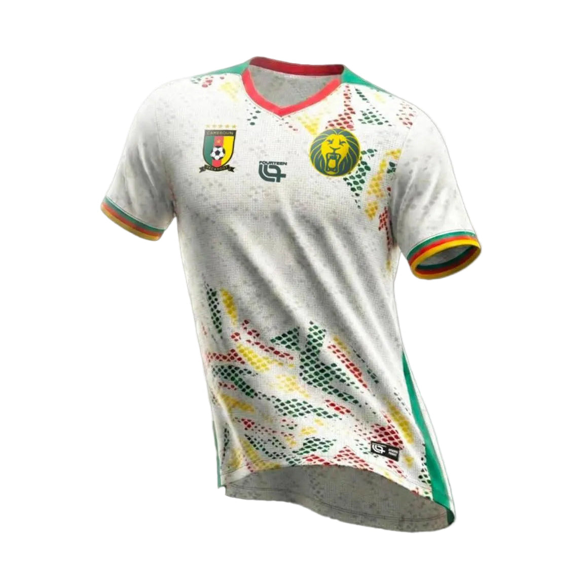 605239384_1988762641990973_798185741144010517_n White Cameroon national team soccer jersey with red collar and multicolor pattern accents and crest on the chest.